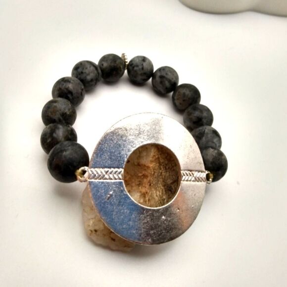 Sterling silver matte grey jasper stone bracelet stretch detailing unisex‎ - Picture 1 of 3